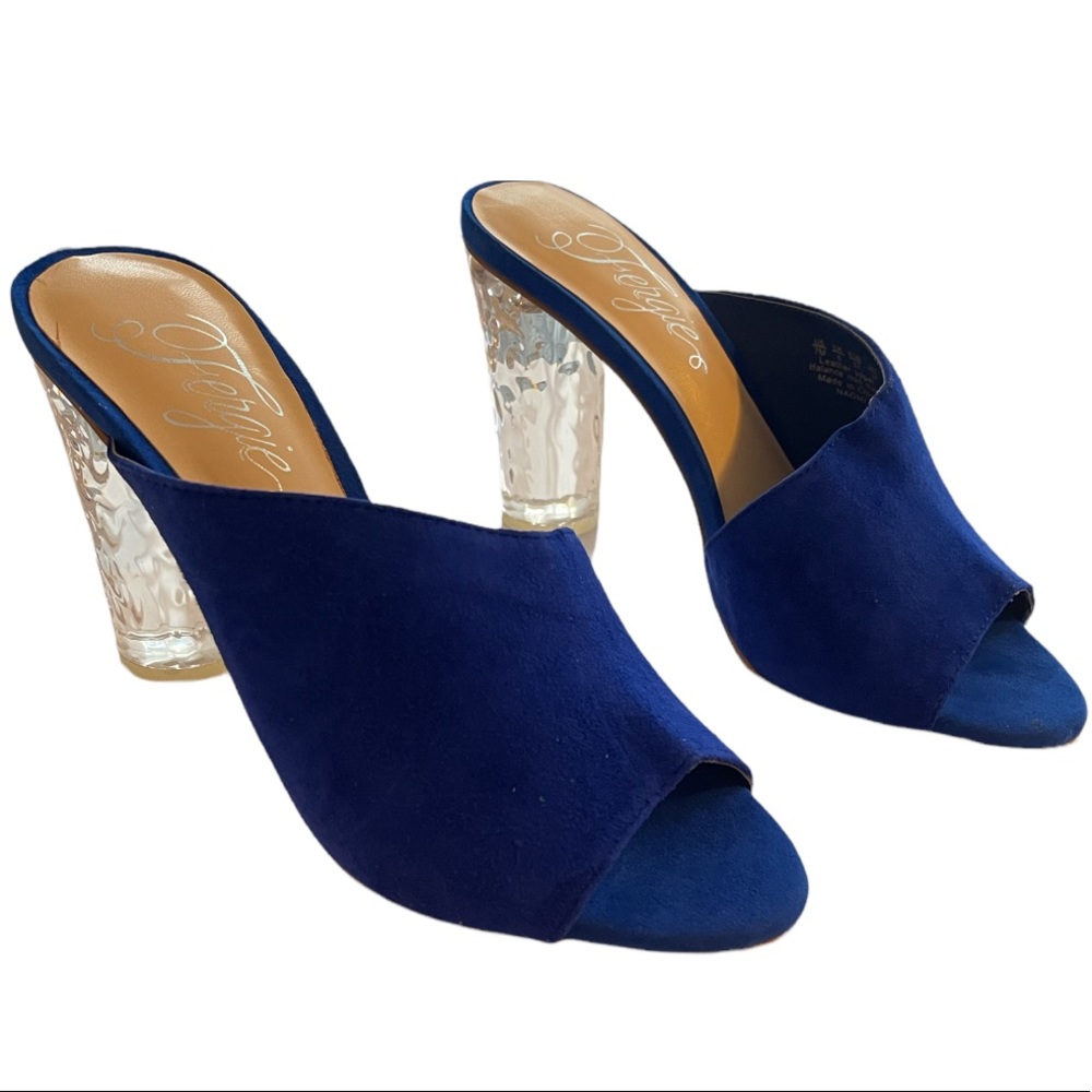 Fergie Blue Suede Clear Acrylic Heel Sandals NWB